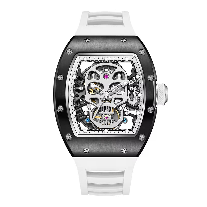 2025 New Men Automatic Watch Skeleton Dial Barrel Case Mechanical Movement Waterproof Wristwatch Fashion Sports Watches