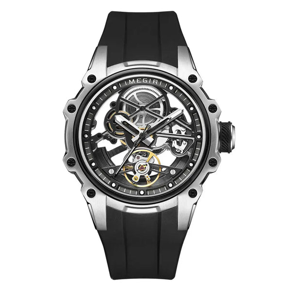 Skeleton Dial Automatic Mechanical Watch Men Stainless Steel Case Waterproof Luminous Sport Wristwatch with Silicone Strap