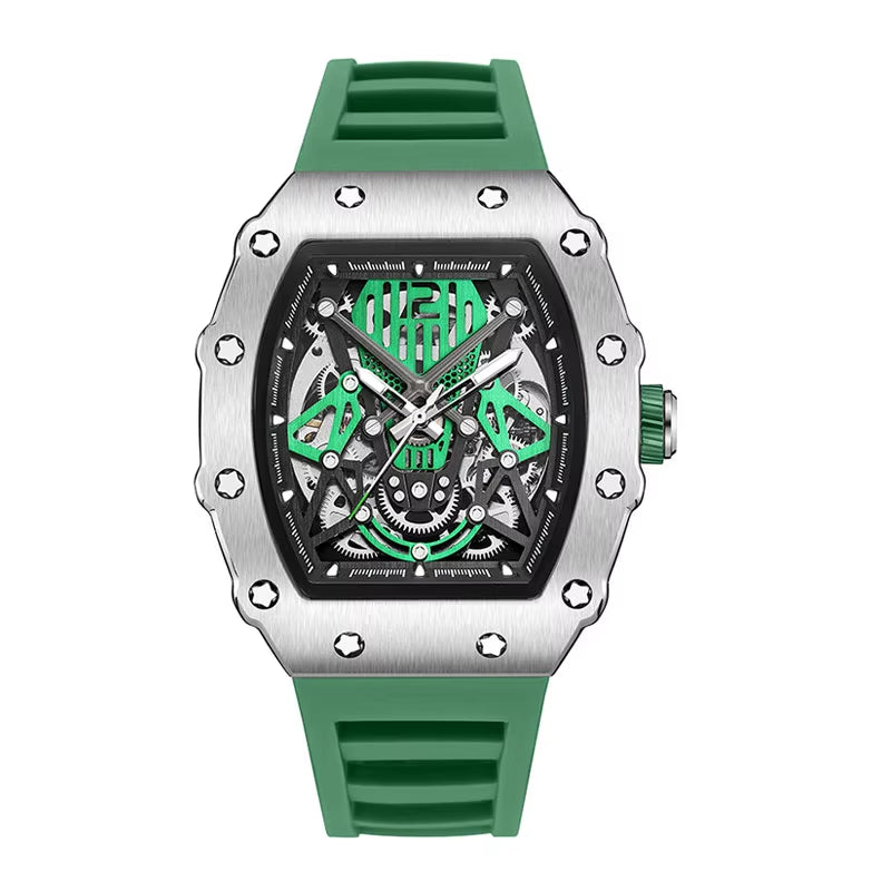 & RUIMAS Green Automatic Watch for Men Fashion Sport Waterproof Mechanical Wristwatch with Silicone Strap Tonneau Dial 341